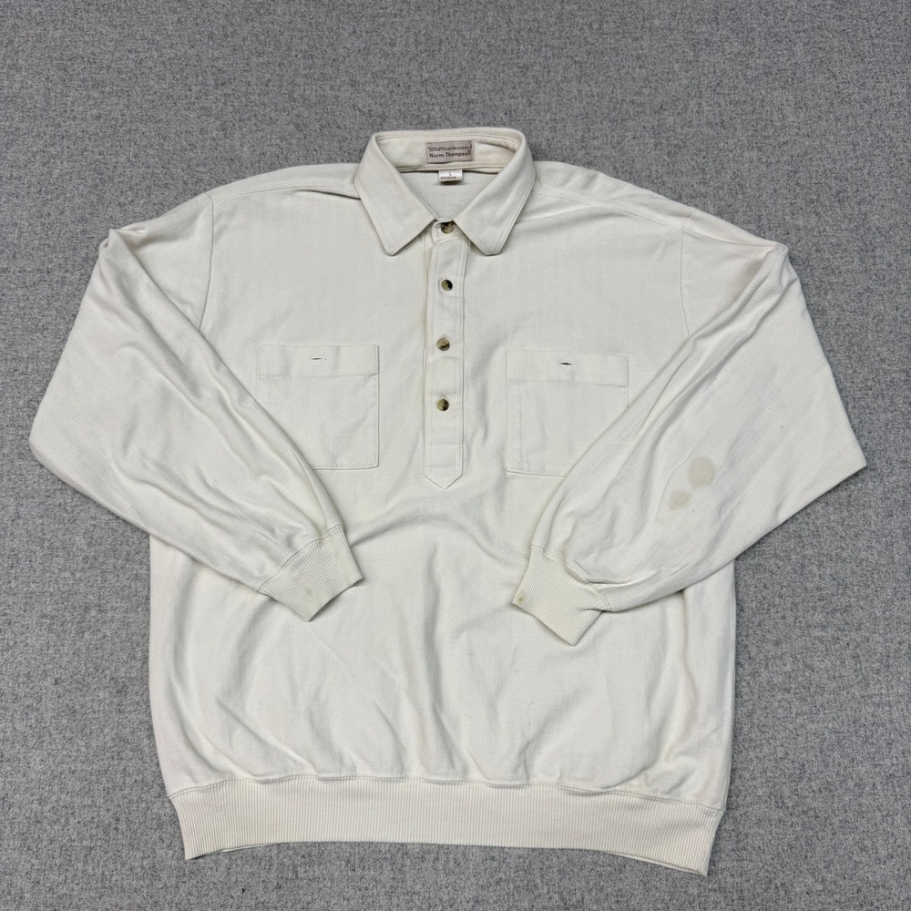 Norm Thompson Polo Shirt Large Cream Herringbone Long Sleeve Pockets Cotton
